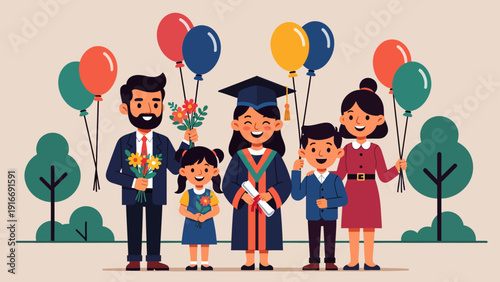 A heartwarming flat design illustration portrays a joyful graduate being celebrated by their proud family, complete with balloons and flowers, signifying shared success and support