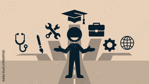 A thoughtful flat design illustration shows a graduate contemplating diverse career opportunities, symbolized by various professional icons, highlighting future choices and aspirations