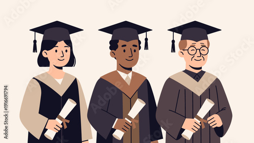 This flat design illustration showcases diverse individuals across different age groups proudly holding their diplomas, symbolizing the importance and accessibility of lifelong learning