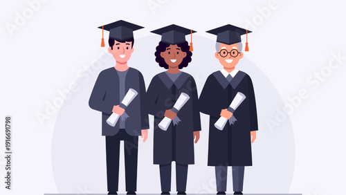 This flat design illustration showcases diverse individuals across different age groups proudly holding their diplomas, symbolizing the importance and accessibility of lifelong learning