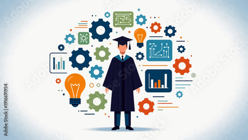 A flat design illustration portrays a new graduate embracing remote work, comfortably using a laptop with their diploma nearby, symbolizing flexible career paths after education