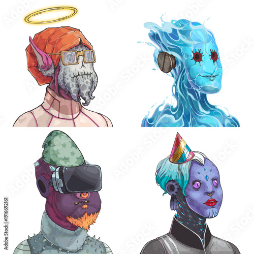 Wild alien avatar pack of spotted squid, blue liquid elemental, purple spiked punk and crystal glowing sorcerer vector character design set