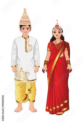 Bengali Wedding Couple Illustration Traditional Bangali Bride Groom Cartoon Character with  Dhoti Panjabi and Banarasi Saree Vector