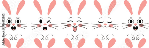 Easter egg with bunny ear and paw. Cute rabbit emoji face icon, cartoon animal character set isolated on white background. Holiday vector illustration