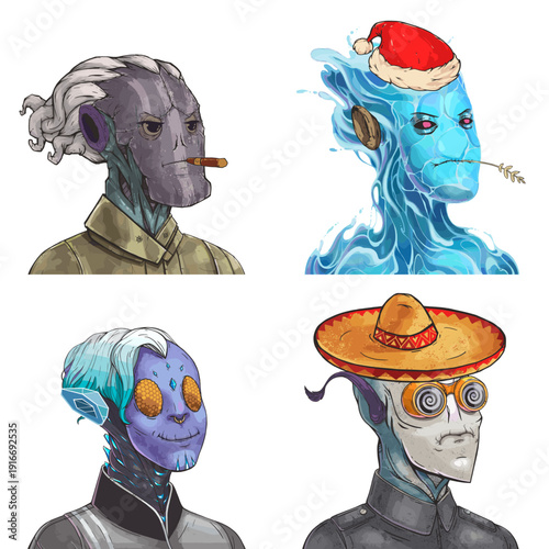 Wacky alien avatar pack of dreadlocked hunter, blue liquid elemental, crystal glowing sorcerer and grey sleek spy scalable avatar illustration set
