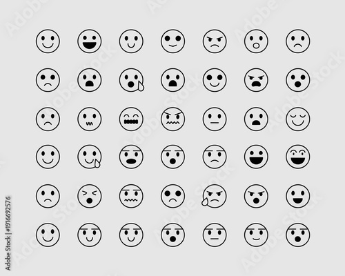 Diverse Emoticons Displayed on Light Gray Background: Vector Faces Expressing Range of Emotions, Ideal for Social Media, Digital Communication, Graphic Design, Web Design, and UI/UX Elements, Flat Sty