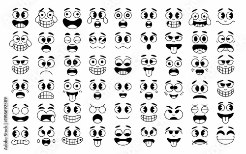 Cartoon Emotional Faces Collection: Expressive Characters Demonstrating Joy, Anger, Sadness, and Surprise in Various Poses, Ideal for Animation, Comic Strips, and Children’s Educational Materials, Fea