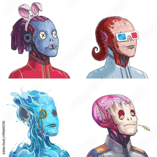 Bizarre alien avatar pack of red cyberpunk officer, red tentacled medic, blue liquid elemental and big-brained psychic vector cartoon illustration set