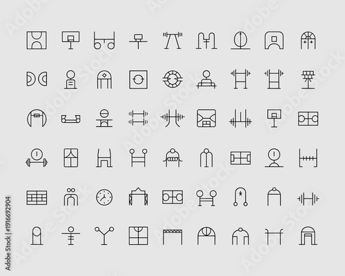 Minimalist Gym Equipment Icons Arranged Neatly Exercising in Fitness Center, Graphic Design Elements for Health and Wellness Apps and Websites, Pictograms of Exercise, Training, Cardio, Weightlifting,