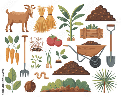 Farm Life Essentials Illustration: Goat Grazing, Harvest Bounty, Lush Garden, Tools Ready for Tending; Cartoon Style, Farm Animals, Crops, Gardening, Healthy Eating and Sustainable Living, Rural Scene