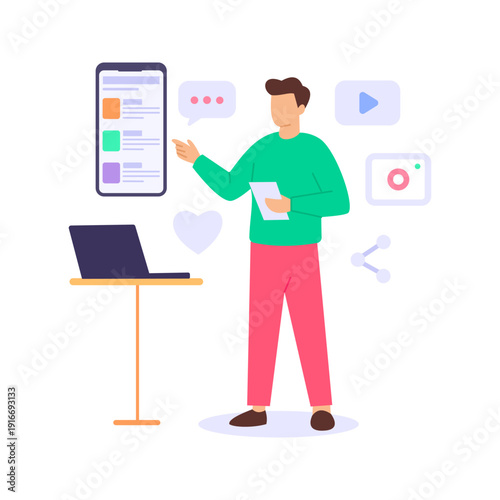 Digital Outreach, engaging audiences through online marketing channels, Flat vector character illustration