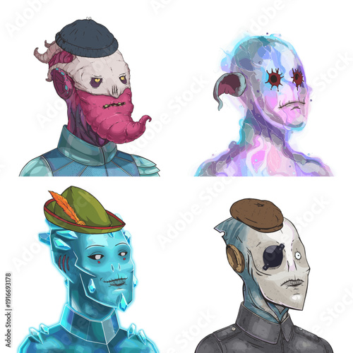 Cool alien avatar pack of pink strange scout, glowing ethereal spirit, blue frozen golem and grey sleek spy editable digital character set