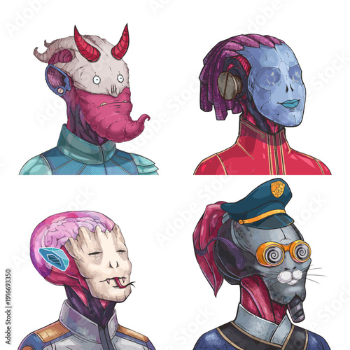 Funny alien avatar pack of pink strange scout, red cyberpunk officer, big-brained psychic and cybernetic assassin editable digital character set