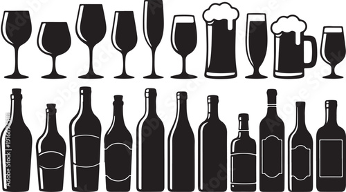 Food set of alcohol bottles and glasses
