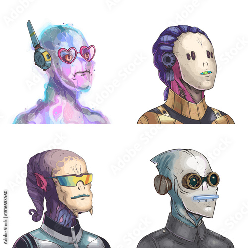 Cool alien avatar pack of glowing ethereal spirit, armored cyborg, purple space mutant and grey sleek spy scalable avatar illustration set