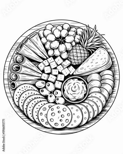 Artisanal Charcuterie Board Illustration: Delectable Food Platter for Gatherings, Celebrations and Gourmet Presentations Featuring Cheese, Grapes, Pineapple, Olives, Crackers, Salami and Dip on Rustic