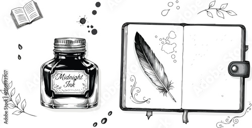 Vintage Ink Bottle and Quill Journal.
