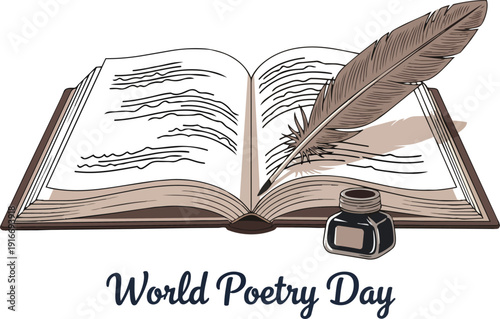 Open book with feather quill and ink.