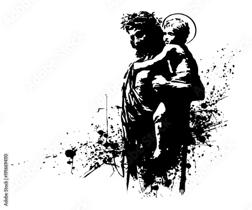 Foto Religious silhouette of Saint Christopher carrying a child in a grunge ink splat