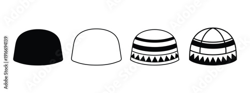 Four graphic representations of caps: one solid black, one outline, and two with striped patterns.
