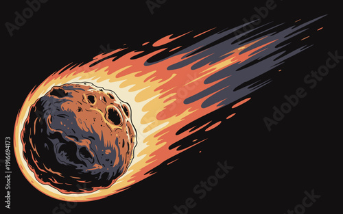 Fiery Asteroid Descending with Blazing Trail Through Dark Cosmic Depths, Space Rock Ignite Atmosphere, Science, Vector Art, Illustration. Earth bound comet hurtling down shows celestial chaos, astrono