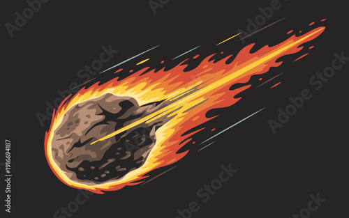 Meteor Hurtling Through Space: Fiery Celestial Body Speeds Through Dark Night Sky, Threatening Impact, Representing Cosmic Event, Disaster, Adventure, Digital Illustration with Bold Graphic Style, Ene