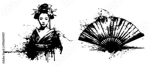 Japanese geisha woman and traditional folding fan in a dark ink splatter grunge style
