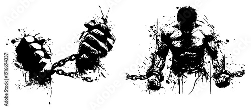 Powerful illustration of a man breaking free from chains in artistic ink splatter style
