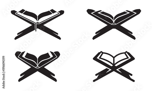 Four black silhouette icons depicting the Holy Quran open on a wooden stand, symbolizing Islamic faith and knowledge.