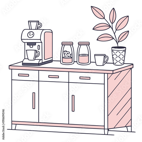 Stylish Home Coffee Bar Setup Illustration with Espresso Machine and Plant