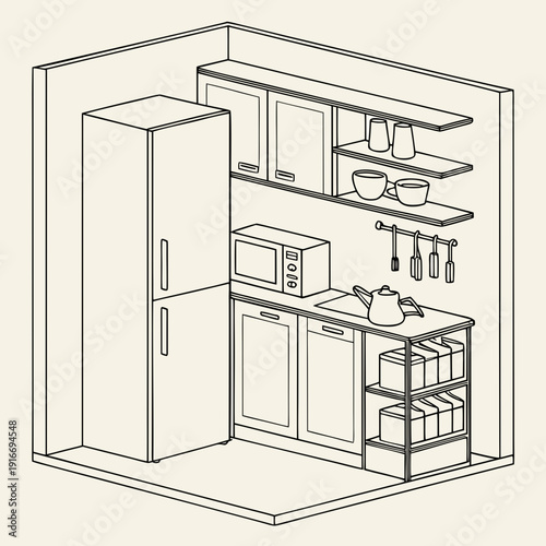 Isometric Kitchen Interior Design Illustration with Appliances and Shelves