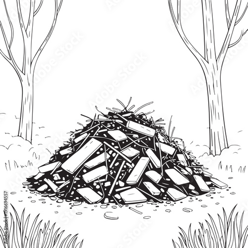 Large Pile of Debris and Trash in a Misty Forest