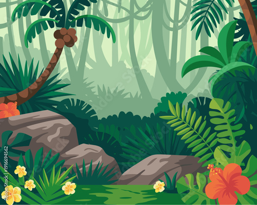 Lush Jungle Forest Scene Illustration: Vibrant Amazon Rainforest Backdrop for Tropical Adventure Designs and Nature Conservation Campaigns, Ideal for Children's Books, Educational Resources, and Eco-T