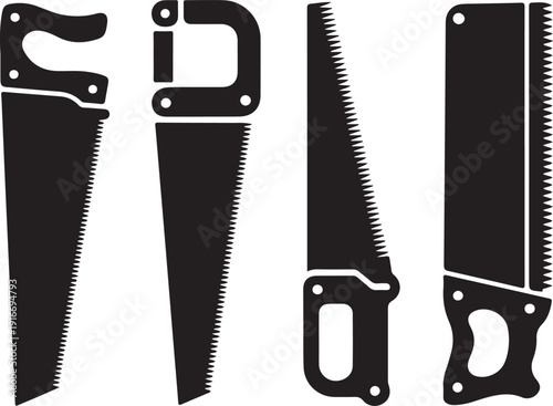 Hand saw vector icons set with carpenter tools, saw illustrations, black silhouettes
