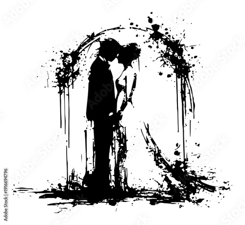 Romantic wedding couple silhouette under a floral arch in an ink splatter grunge style