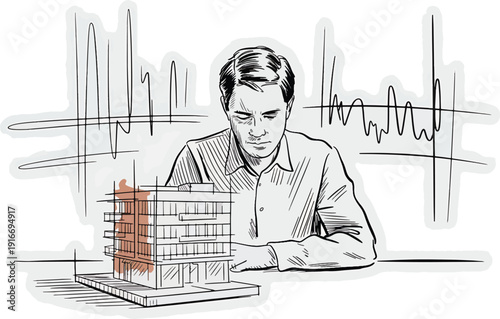 Professional Architect Working on Building Design Concept Sketch