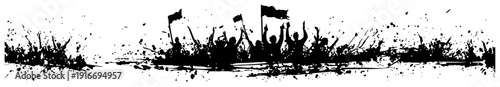Energetic crowd of people with flags in artistic ink splatter silhouette style