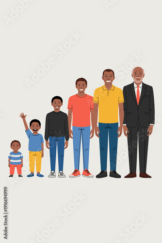 Black Man's Life Cycle Progression Illustrating Aging Process and Growth Stages in Vector Art Style, Highlighting Generational Change, Family History, and Social Evolution, Perfect for Educational Mat