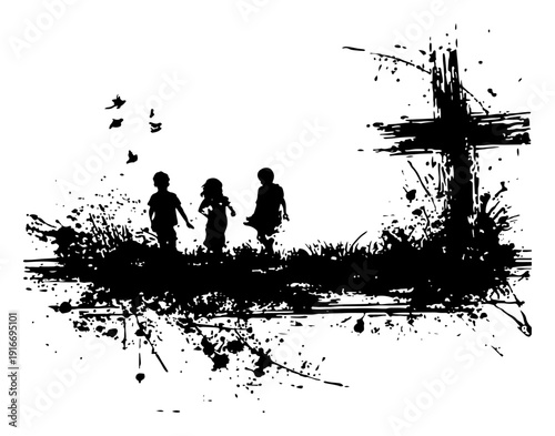 Christian cross with children silhouettes in artistic ink splatter religious landscape