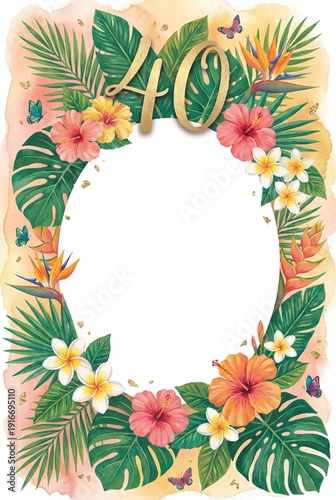 Tropical Floral Frame with Gold Number 40 — Monstera Hibiscus and Plumeria Birthday Invitation Template with Blank Center