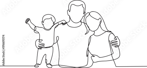 Happy family in continuous line art drawing style. United family portrait of parents and their little girl kid black linear sketch isolated on white background. Vector illustration