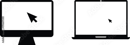 Computer monitor and laptop notebook icons with mouse cursor arrows on screens representing desktop and portable computing solutions for modern workplace and digital lifestyle office environment