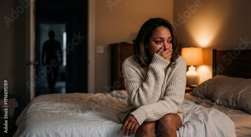Devastated woman sitting alone on bed after verbal abuse with male silhouette leaving in background