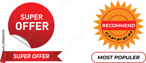 Super offer red and yellow advertising tag with most popular text, recommend offer on sun-shaped emblem, business promotion for marketing and sales
