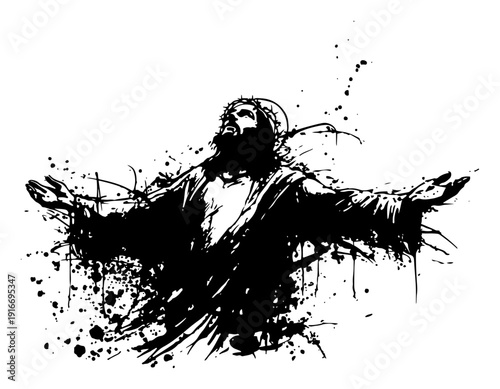 Jesus Christ with outstretched arms in a spiritual ink splatter grunge art style