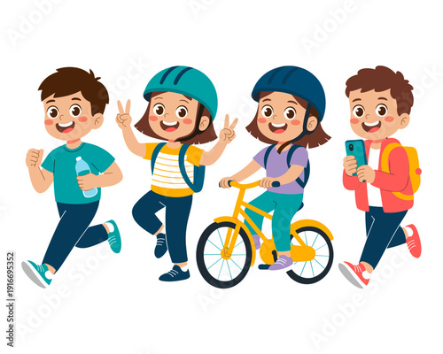 Cheerful Kids Engaging in Healthy Activities: A Cartoon Illustration Depicting Children Running, Biking, and Using Technology Outdoors – Ideal for Educational Materials, Health Campaigns, and Youth-Or