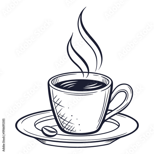 Steaming Coffee Cup on Saucer with Bean Line Art Illustration