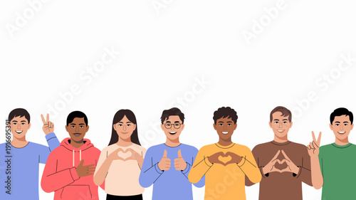 Diverse Group of Characters Expressing Unity & Support in a Flat Vector Illustration Style, Featuring Multiethnic Young Adults Gesturing Love, Peace, and Positivity for Social Harmony & Community Proj