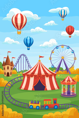 Amusement Park Attractions: Funfair Scene, Carnival Rides in Outdoor Setting - Festive Celebration, Entertainment Industry, Family Vacation Destination, Kids Activity Area, Cartoon Style Illustration,