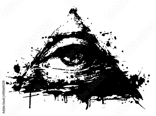 Eye of Providence all seeing eye in a pyramid in an ink splatter grunge style